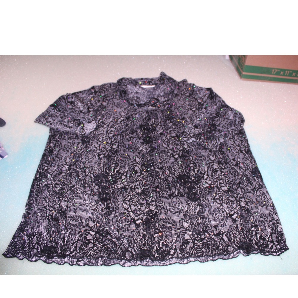 CJ Banks Womens‎ 5X Black Floral Lace Cowl Neck Sparkle Short Sleeve Blouse Top